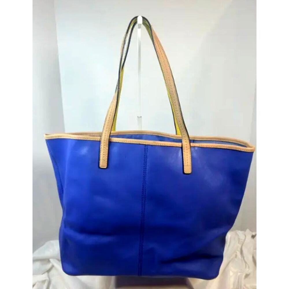 Coach Blue Leather Tote Bag Tan Trim Yellow Accent Shoulder Handbag - Picture 2 of 7